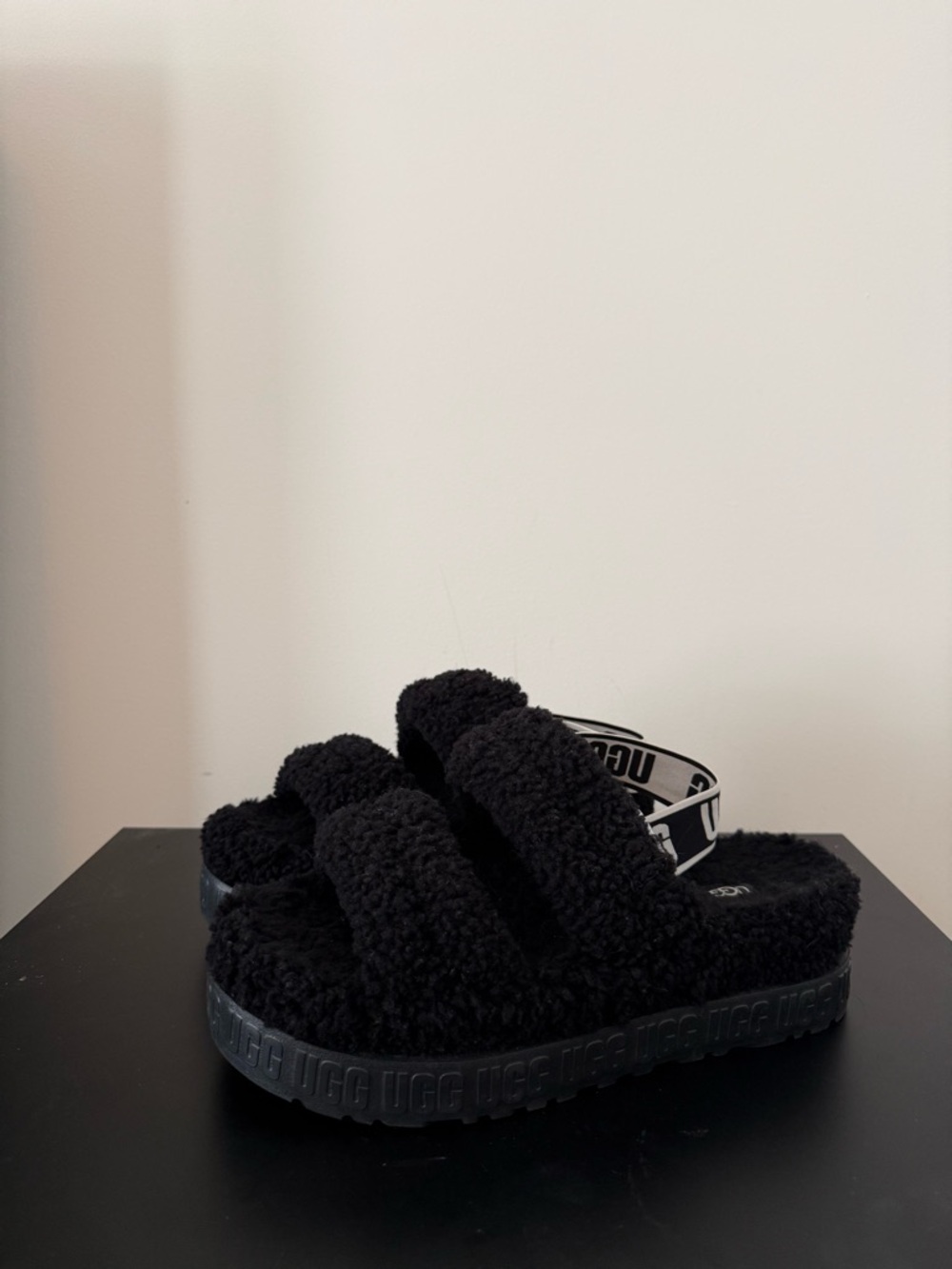 UGG Black Fuzzy Triple-Strap Slide with Branded Heel Strap